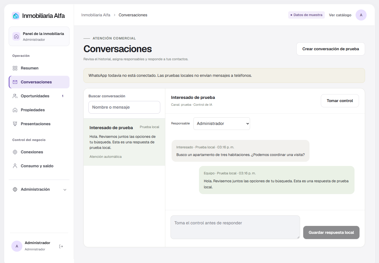 Bandeja de conversaciones de iLevens con mensajes de demostración