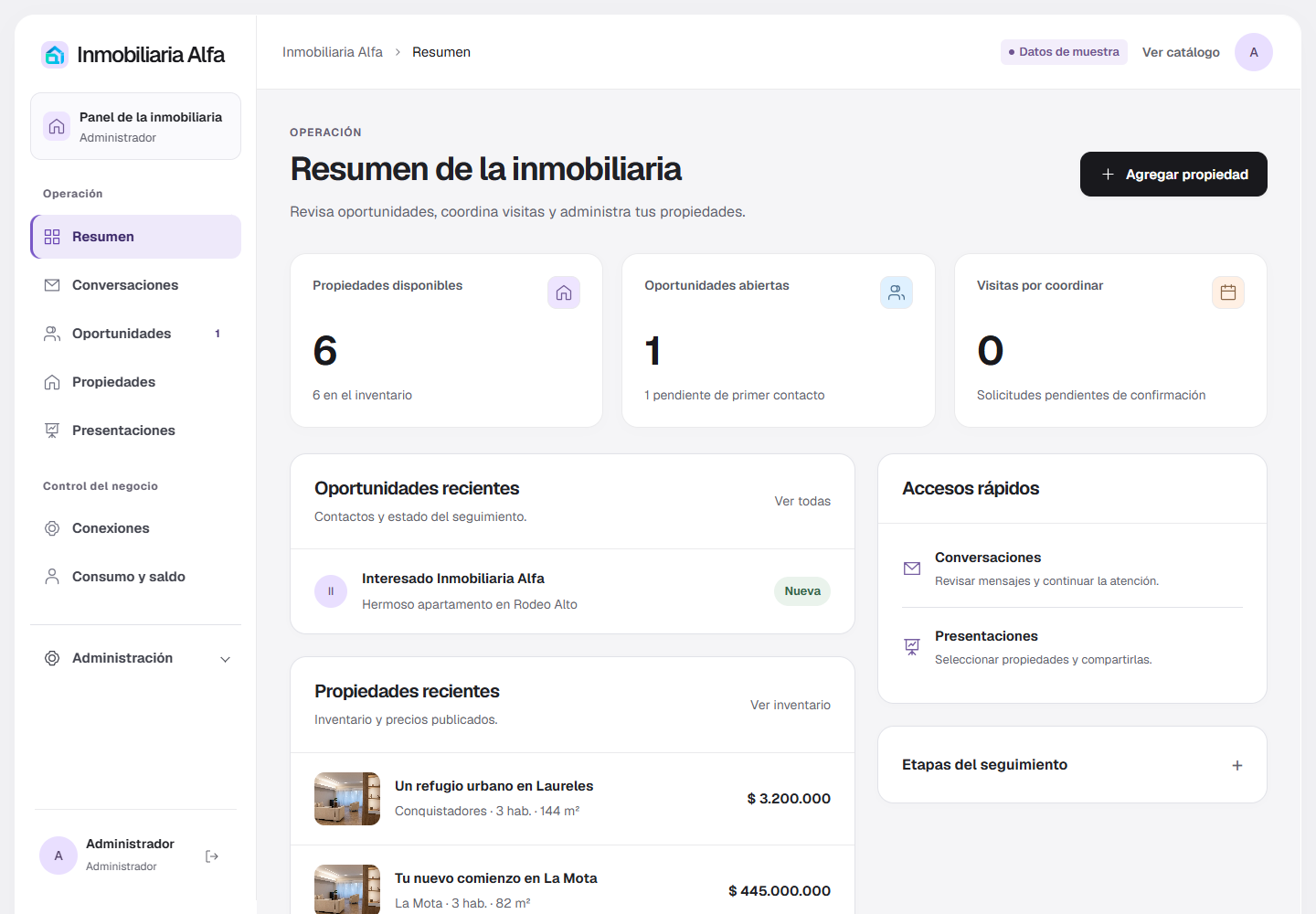 Panel inmobiliario de iLevens con propiedades, oportunidades y solicitudes de visita de demostración